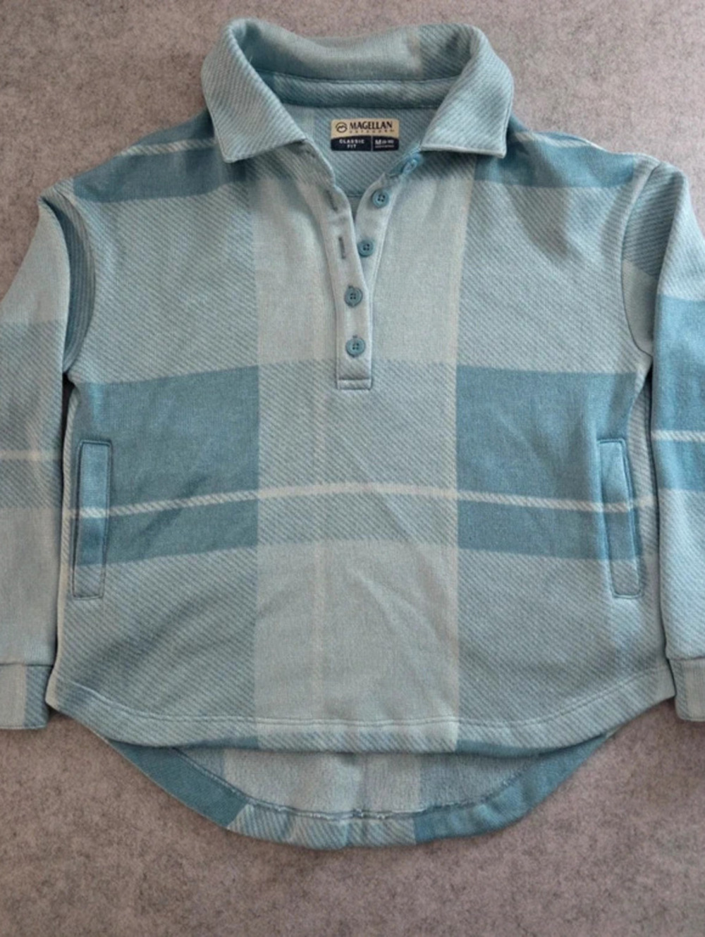 Magellan Youth Outdoors Blue Plaid Henley Pullover Long Sleeve Sweatshirt - M